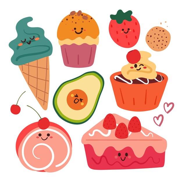 Conjunto de pegatinas de personaje de postre lindo de dibujos animados de dibujo a mano