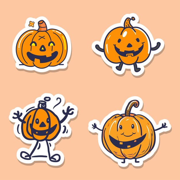 Vector conjunto de pegatinas de personajes de calabaza felices para halloween