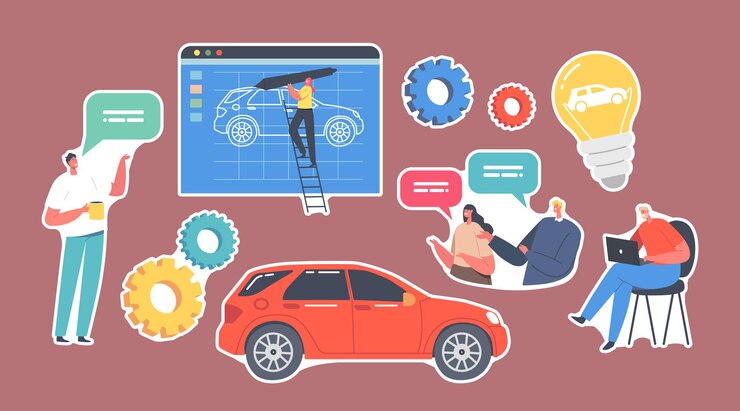 Vector conjunto de pegatinas de personajes de coches de creación de prototipos. los ingenieros o diseñadores crean un proyecto de prototipo de automóvil, industria de proyección de maquinaria, clientes que compran un automóvil nuevo. ilustración de vector de gente de dibujos animados