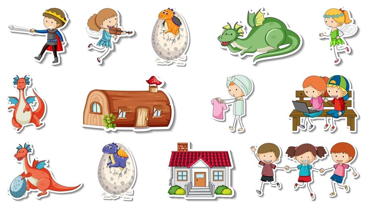 Vector conjunto de pegatinas de personajes de dibujos animados de cuento de hadas de fantasía