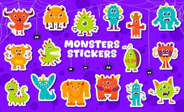 Conjunto de pegatinas de personajes de dibujos animados de monstruos divertidos