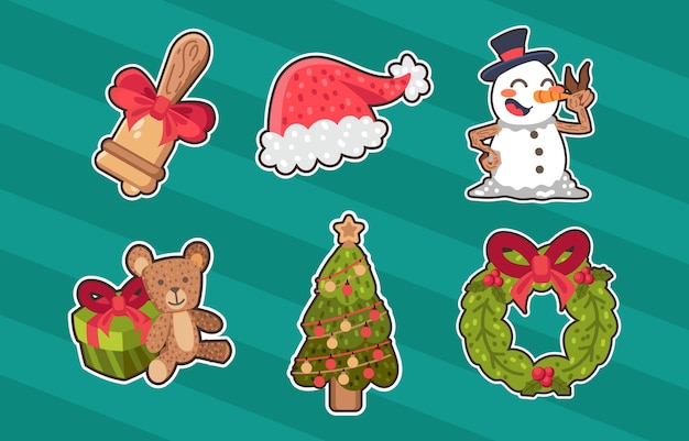 un conjunto de pegatinas con un pingüino y un árbol de Navidad en la parte superior