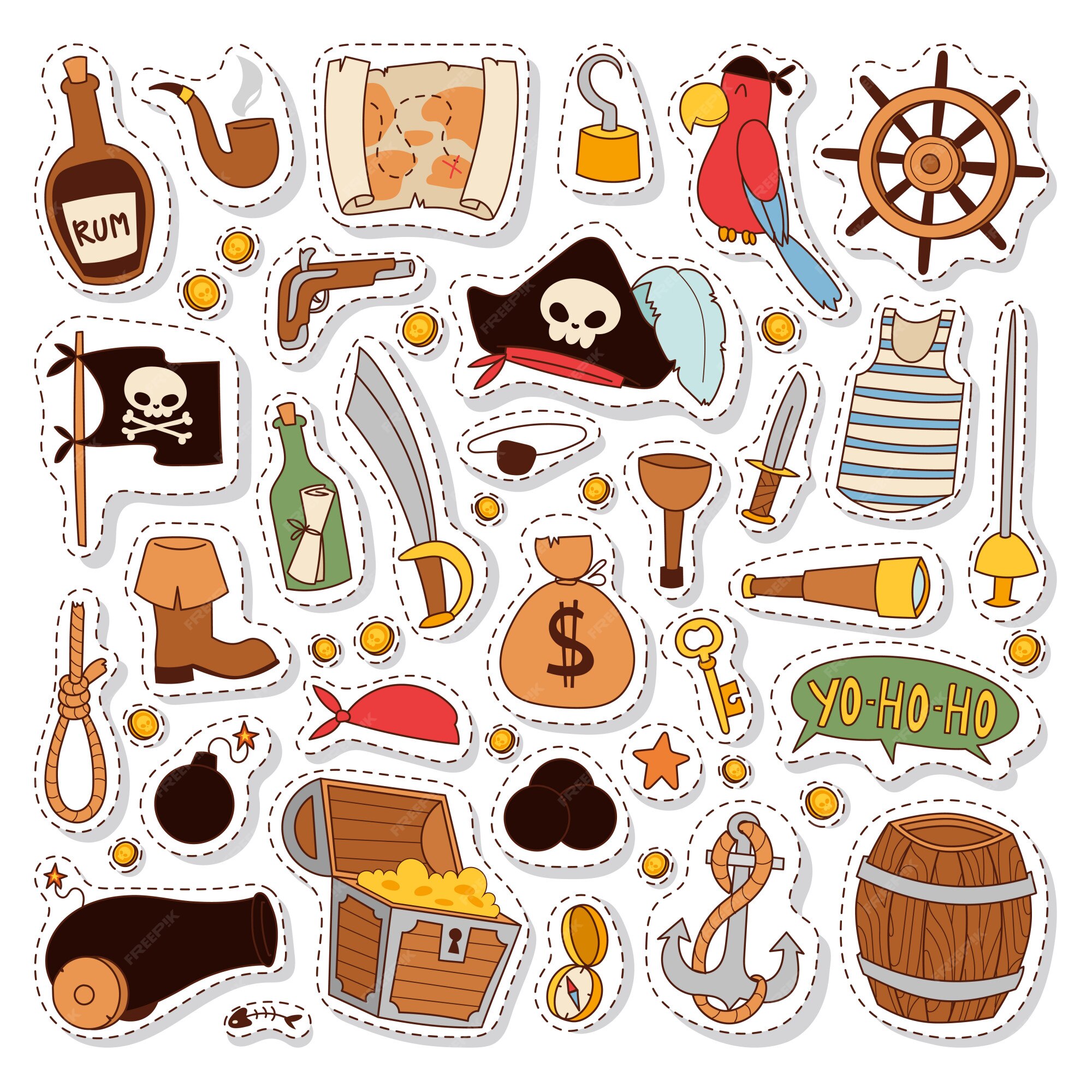 Conjunto de pegatinas pirata. Vector Premium