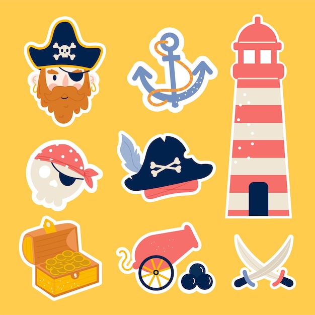 Conjunto de pegatinas piratas de diseño plano