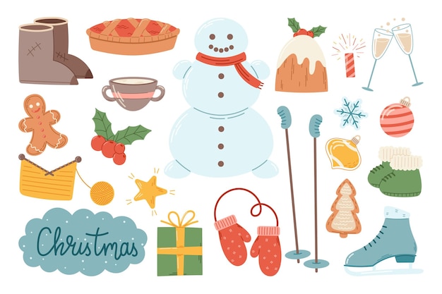 Vector conjunto de pegatinas planas de invierno vectoriales, adornos y accesorios de dulces navideños