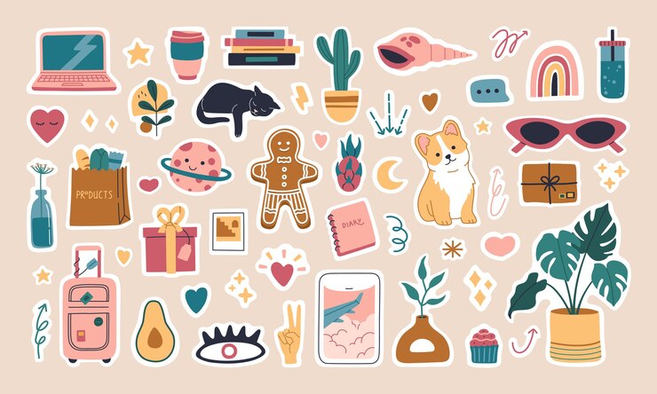 Vector conjunto de pegatinas planificador semanal o lácteo de moda, ilustraciones para organizadores modernos y diarios.