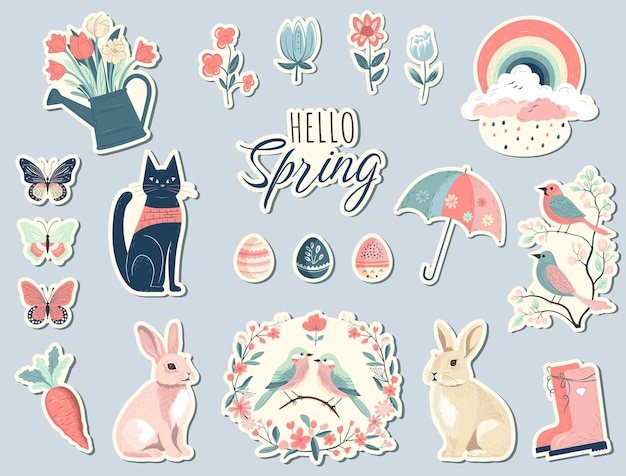 Conjunto de pegatinas de primavera de estilo dibujado a mano Colección de elementos de primavera Vector de elementos estacionales