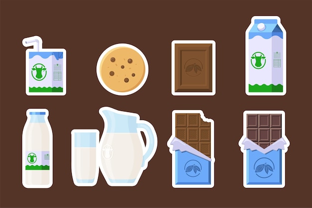 Vector conjunto de pegatinas de productos de bocadillos colección de estilo plano de galleta de chocolate y leche en diferentes iconos de paquetes para la decoración y decoración del menú de recetas de impresión de etiquetas de logotipo vector premium