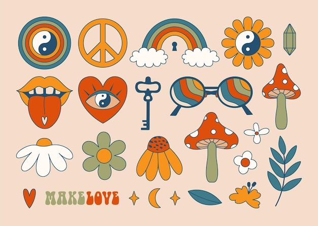 Vector conjunto de pegatinas psicodélicas maravillosas vectoriales. ilustraciones hippies esotéricas celestiales. diseño plano.