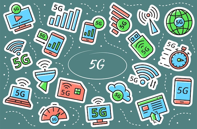 Conjunto de pegatinas relacionadas con 5G. Nueva red móvil, conexión de alta velocidad. Infografía de vector simple.