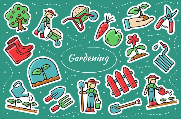 Conjunto de pegatinas relacionadas con la jardinería. Ilustración vectorial.