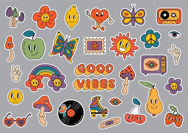 Conjunto de pegatinas retro 70s hippie retro TV grabar audio cassette cereza limón patines