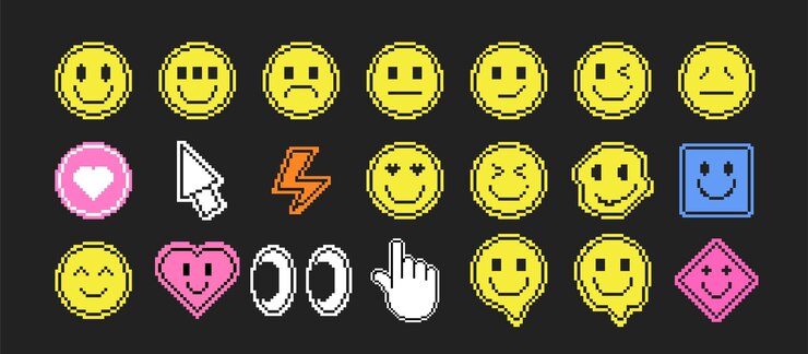 Vector conjunto de pegatinas retro en el estilo y2k ilustración de arte de píxeles cara sonriente hashtag corazón relámpago