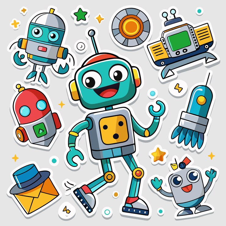 Vector conjunto de pegatinas de robots de dibujos animados con diferentes colores, diseños y poses