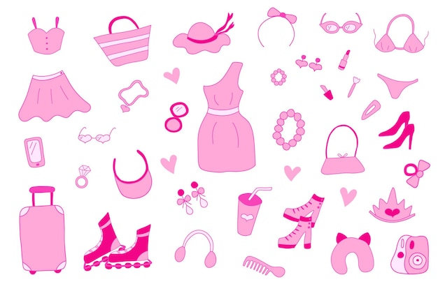 Conjunto de pegatinas rosas de moda glamorosas Colección de estilo barbiecore nostálgico de los años 2000 Elementos aislados