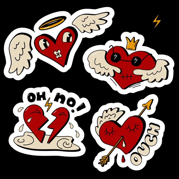 Conjunto de pegatinas de San Valentín Corazón roto Ilustración vectorial en dibujos animados antiguos estilo retro vintage