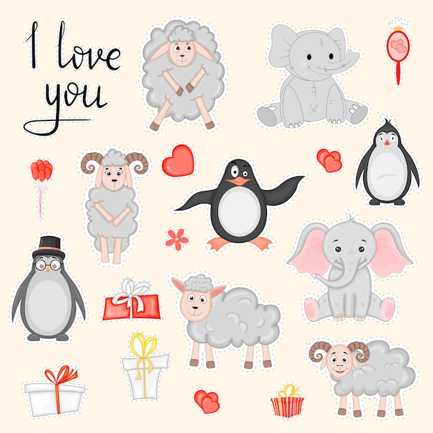 Conjunto de pegatinas de San Valentín para el diseño de postales o pegatinas. Estilo de dibujos animados. Ilustración vectorial.