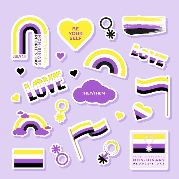 Conjunto de pegatinas con el símbolo de identidad de género de la bandera del orgullo no binario en colores amarillo y púrpura Ilustración vectorial