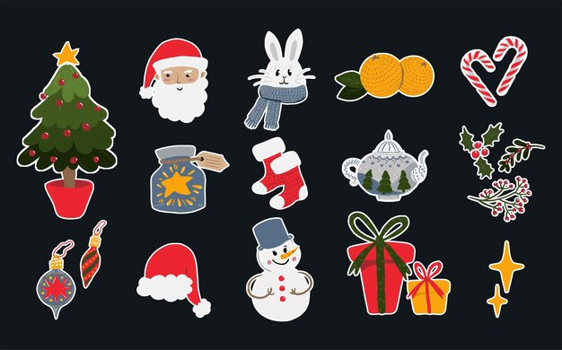 Un conjunto de pegatinas sobre el tema de la Navidad. ilustración vectorial