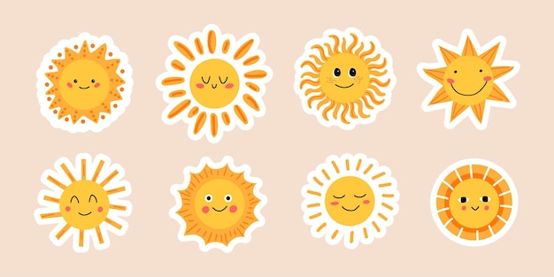 Conjunto de pegatinas de soles lindos Sol con diferentes rayos y emociones