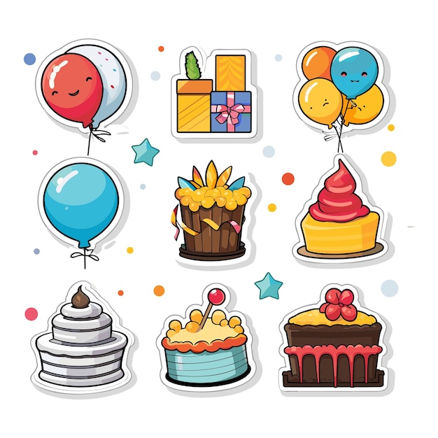 Vector un conjunto de pegatinas con temática de cumpleaños.