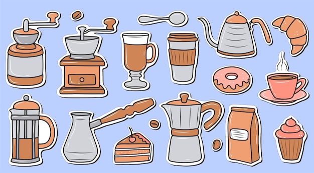 Conjunto de pegatinas, tiempo de café, molinillo de café, postres, una taza de café, hervidor de agua, ilustración en el carro