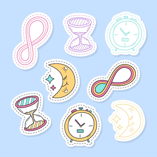 Vector conjunto de pegatinas de tiempo, pins, parches y colección manuscrita en estilo de dibujos animados.