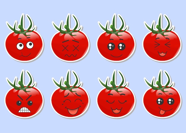 Conjunto de pegatinas tomate rojo con emociones kawaii Ilustración vectorial plana de un tomate con emociones Sobre un fondo azul
