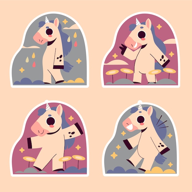 Vector conjunto de pegatinas de unicornio ingenuo