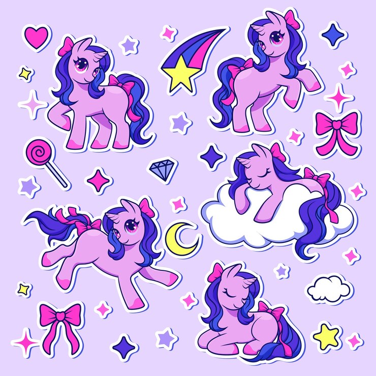 Vector conjunto de pegatinas de unicornio para niños patrón de colección mágica linda de estilo plano de dibujos animados elementos aislados caballo de niña feliz en arco iris y nube arte decorativo de cumpleaños impresión de flores icona vectorial logotipo