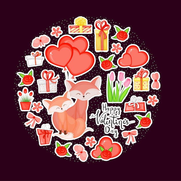 Conjunto de pegatinas de vacaciones de San Valentín. Estilo de dibujos animados. Ilustración vectorial.