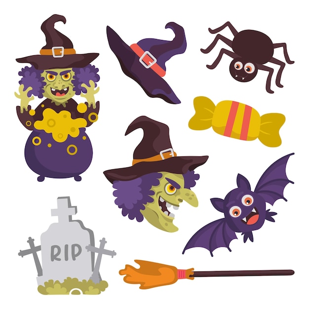 Conjunto de pegatinas vector sombrero de murciélago de bruja de halloween