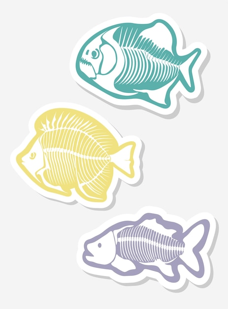 Vector conjunto de pegatinas vectoriales con esqueleto de pescado aislado en un fondo blanco