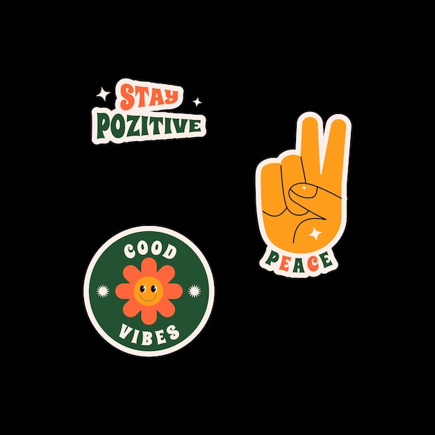 Vector conjunto de pegatinas vectoriales en estilo retro hipster flor de buen humor divertida mano de paz mantenerse positivo