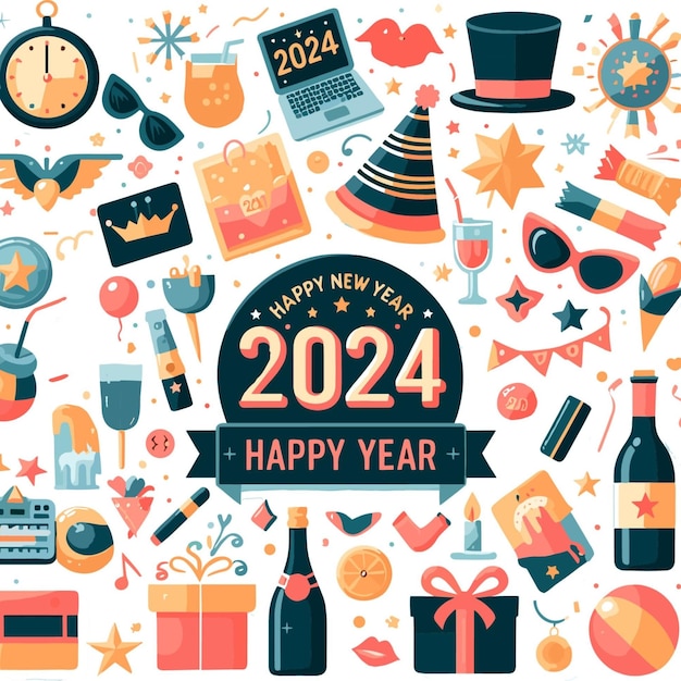 Vector conjunto de pegatinas vectoriales para la fiesta de feliz año nuevo 2024