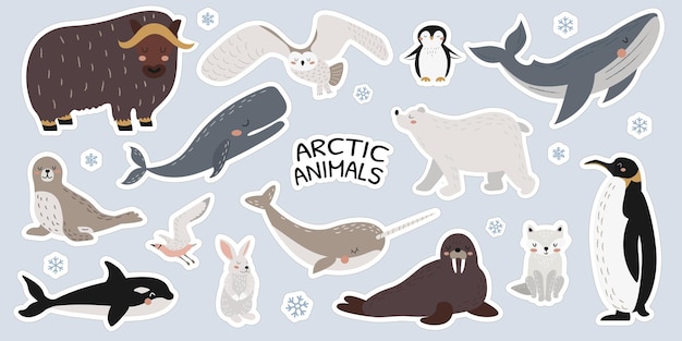 Conjunto de pegatinas vectoriales de simpáticos animales polares Conjunto grande de animales salvajes del Ártico