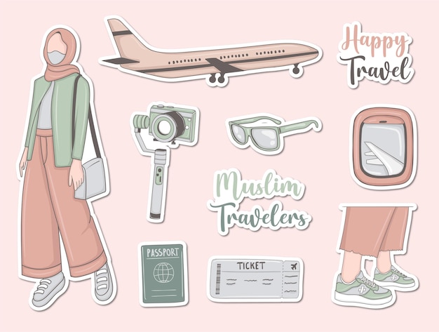 Conjunto de pegatinas de viaje moderno con niña musulmana y algunos elementos