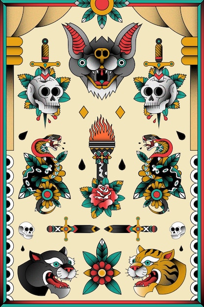 Conjunto de pegatinas de la vieja escuela tradicional aislado en vector de fondo beige