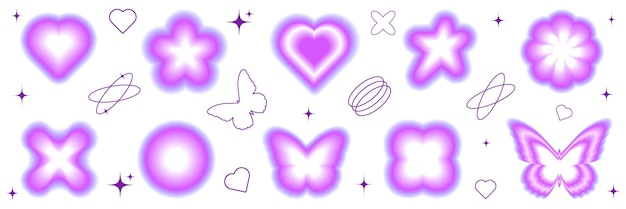 Conjunto de pegatinas Y2K degradado borroso Formas abstractas modernas y modernas Flor de estrella de mariposa de corazón
