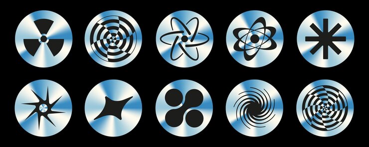 Vector conjunto de pegatinas y2k de moda con símbolos retro abstractos etiquetas decorativas de gráficos estéticos vectoriales de la década de 2000