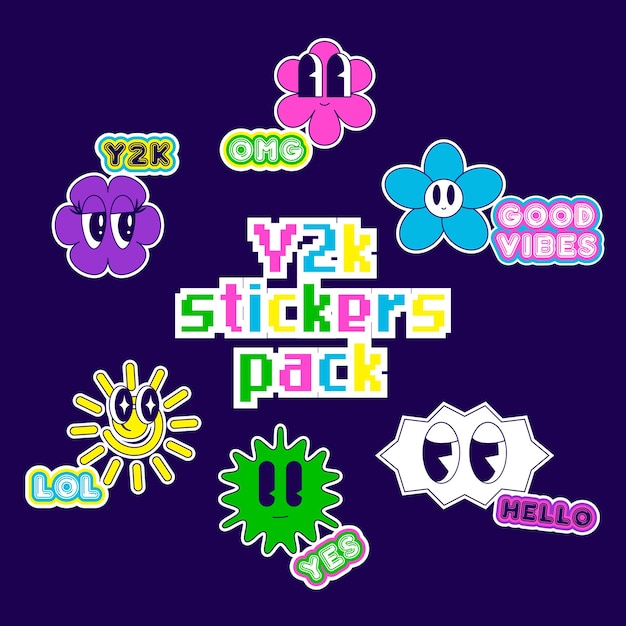 Conjunto de pegatinas Y2K Paquete con caras sonrientes Parches elementos futuristas Groovy Ilustración vectorial
