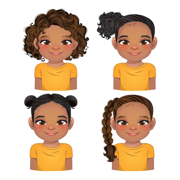 Conjunto de peinados para chicas negras chicas caras avatares cabezas de niños diferentes color de cabello vector