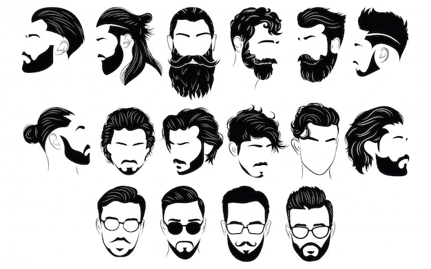 Vector conjunto de peinados para hombres. colección de siluetas negras de peinados y barbas.