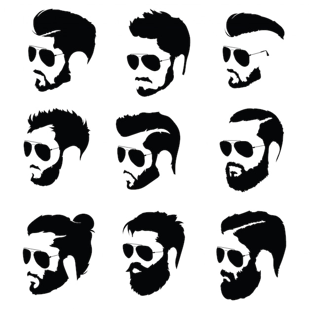 Vector conjunto de peinados para hombres con gafas. colección de siluetas negras de peinados y barbas.