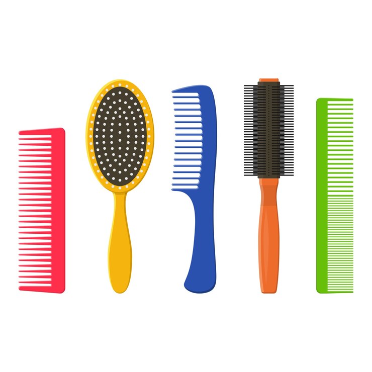 Vector conjunto de peines y cepillos para el cabello aislado en un fondo blanco. cepillo para el cabello de colección de equipos de moda y peine de estilo icono de peluquería. cuidar de sí mismos en estilo plano
