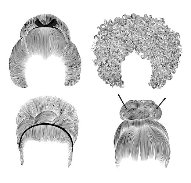 Vector conjunto de pelos diferentes mujeres divertidas. fringe dibujo a lápiz boceto .japonés bollo con pasador. peinado africancurls. pasador de pelo retro.