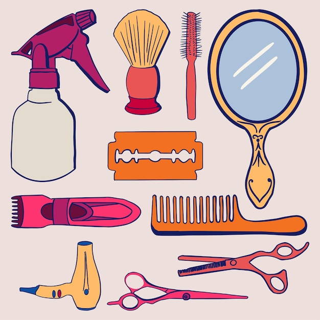 Vector conjunto, de, peluquería, y, barbería, herramientas, simple, plano, forrado, ilustración