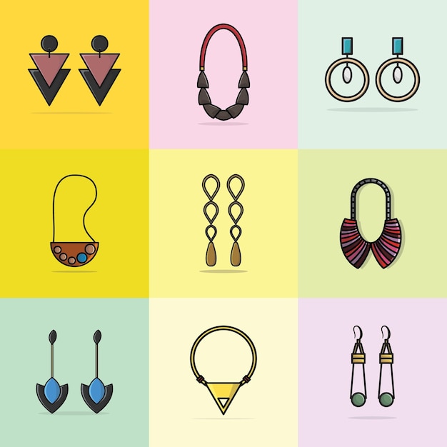 Vector conjunto de pendientes de joyería y hermosos collares diseño ilustración vectorial belleza objetos de moda