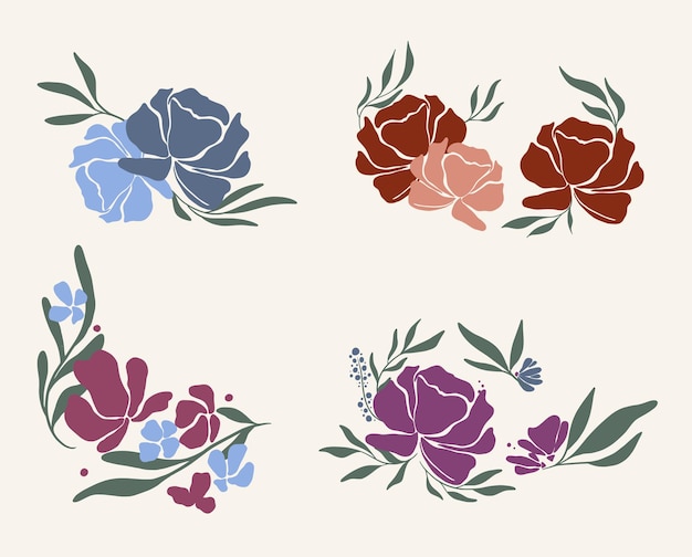 Conjunto de peonías abstractas flores y hojas gráfico vectorial aislado