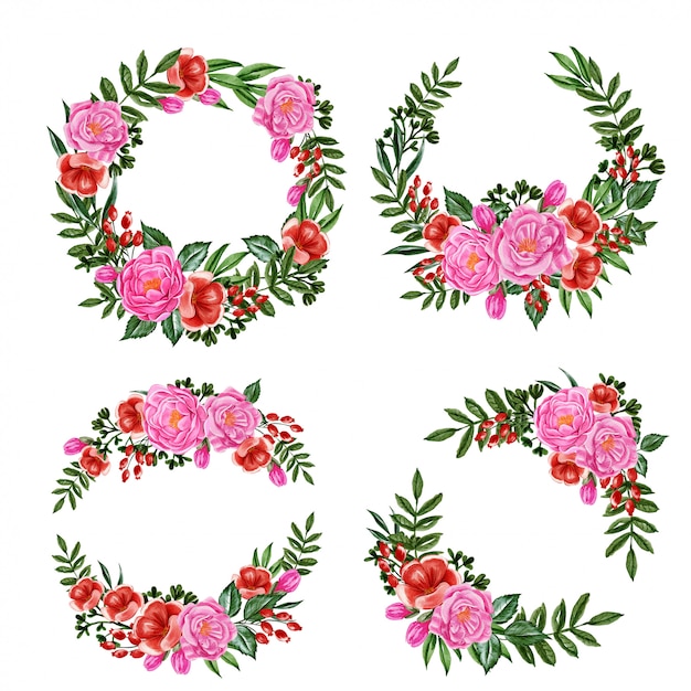 Vector conjunto de peonías rosas y guirnalda de flores rojas